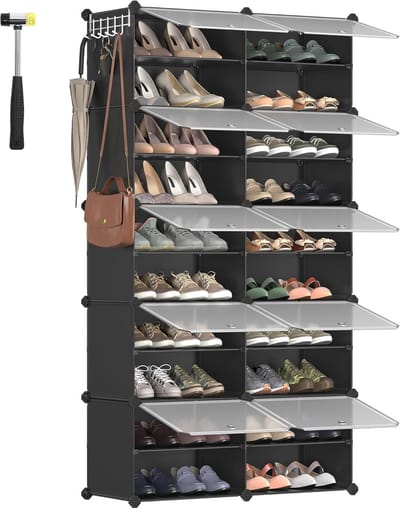 Famanu - Schoenenrek met 10 vakken, schoenenkast, 30 x 40 x 30 cm per vak, smal, met deuren, stalen frame, kunststof, voor hal, slaapkamer, entree, zwart