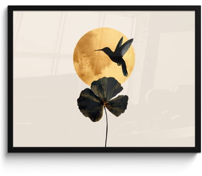 Poster in lijst - Fotolijst 80x60 cm - Posters - Zwarte kolibrie - Bloem - Gouden cirkel - Posterlijst zwart - Decoratie - Wanddecoratie woonkamer - Muurdecoratie slaapkamer