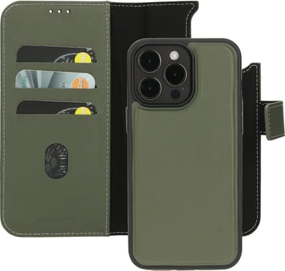 Mobiparts hoesje geschikt voor Apple iPhone 15 Pro Max - Wallet 2-in-1 Boekhoesje - MagSafe - Echt Leder - Uitneembare Case - Sterke Magneet Sluiting - Contactloos betalen - Groen