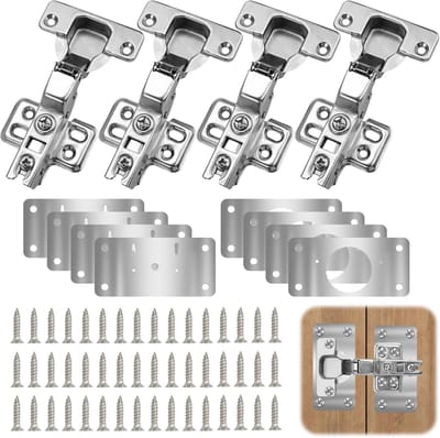 Famanu - Reparatieset voor kastdeurscharnieren, 4 stuks binnenliggende kast- en meubelscharnieren, 8 roestvrijstalen scharnieren, reparatieplaat met 48 schroeven