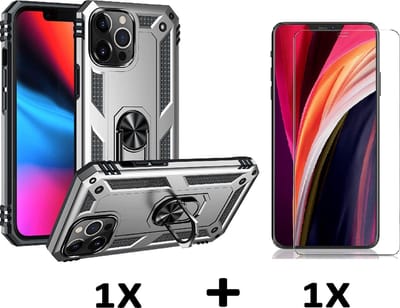 HB Hoesje Geschikt voor Apple iPhone 13 Pro - Grijs / Glazen Screenprotector - Anti-Shock Hybrid Armor Back Cover - Hoes met Kickstand Ring