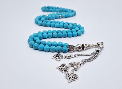 Handgemaakte tesbih "Tasbih" natuursteen "Turkoois" - Aantal kralen 99 - Diameter kralen 8MM - met metaal tassel "Harten" - Een mooi cadeau-idee