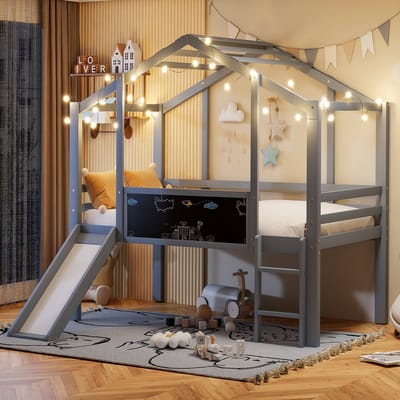 Kinderbed 90 x 200 cm, Hoogslaper met Veiligheidsladder en Glijbaan, met Graffiti-bord, Multifunctioneel Bed, Massief Houten Bed, Eenpersoonsbed, Stapelbed,Grijs