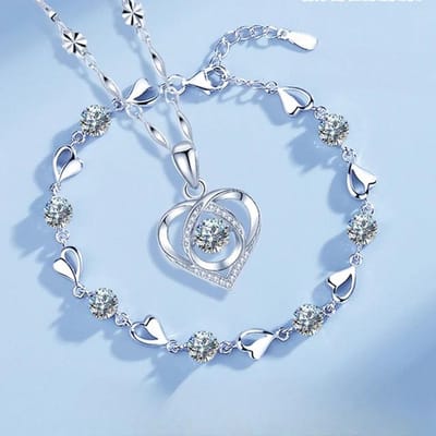 925 Sterling Zilver Hartvormige Ketting Armband Set voor Vrouwen Vintage Koreaanse Blauwe Kristallen Armbanden Sieradenset Feestsieraden gray