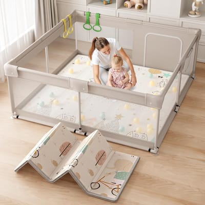 Babybox 150 x 150 cm, Kinderbox met opvouwbaar matje, XXL Peuterbox, met matras voor thuis (150 x 150 x 64 cm)