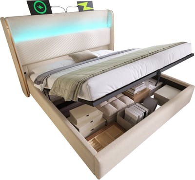 Wishdor – Hydraulisch Bed 140x200 cm – Hoog Hoofdbord & LED – USB‑C – Opbergruimte – Matras inbegrepen – Linnenlook Beige