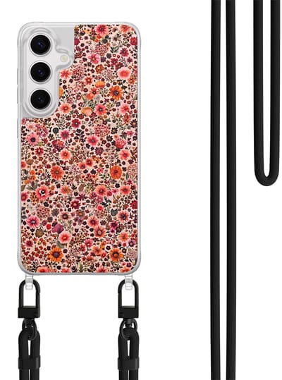 Hoesje met koord geschikt voor Samsung Galaxy S24 - Vintage floral - Inclusief Zwart koord - Crossbody beschermhoes - Transparant, Roze - Mooie Telefoonhoesjes
