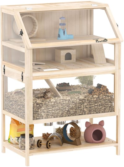 Pawhut Hamsterkooi-Sparrenhout, kunststof-80L x 53B x 117H cm-Natuurlijk hout