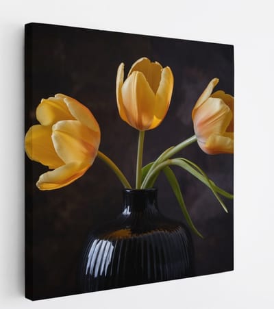 Saammp Canvas Schilderij - Gele Tulpen in Zwarte Vaas - Bloemen - 20x20 - Foto op canvas - Wanddecoratie - Muurdecoratie Woonkamer - Kantoor Decoratie