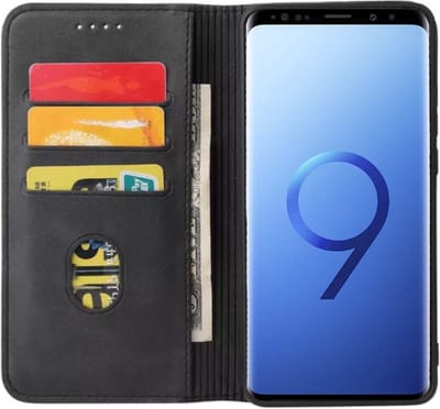 Smartphonica Samsung Galaxy S9 kunstleren hoesje met magnetische sluiting en pashouders book case - Zwart geschikt voor Samsung Galaxy S9