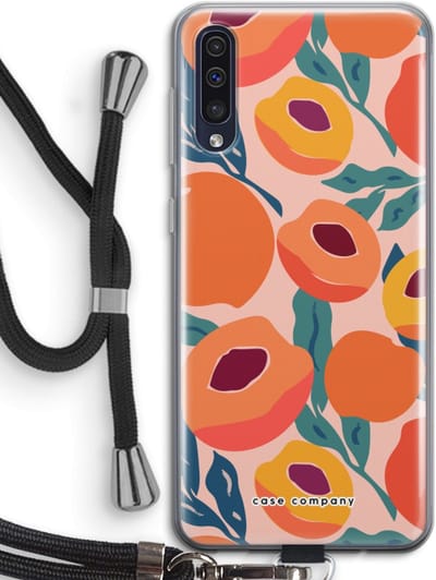 Case Company® - Hoesje met koord geschikt voor Samsung Galaxy A50 hoesje met Koord - Perzik - Telefoonhoesje met Zwart Koord - Bescherming aan alle Kanten en Over de Schermrand
