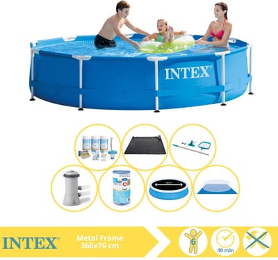 Intex Rond Frame Zwembad - 366 x 76 cm - Blauw - Inclusief Pomp - Solarzeil - Onderhoudspakket - Filter - Grondzeil - Schoonmaakset - Solar Mat - 8-delig