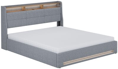 Vitalispa Christin Gestoffeerd bed – 180x200 met LED, USB-poort en matras Grijs/eiken