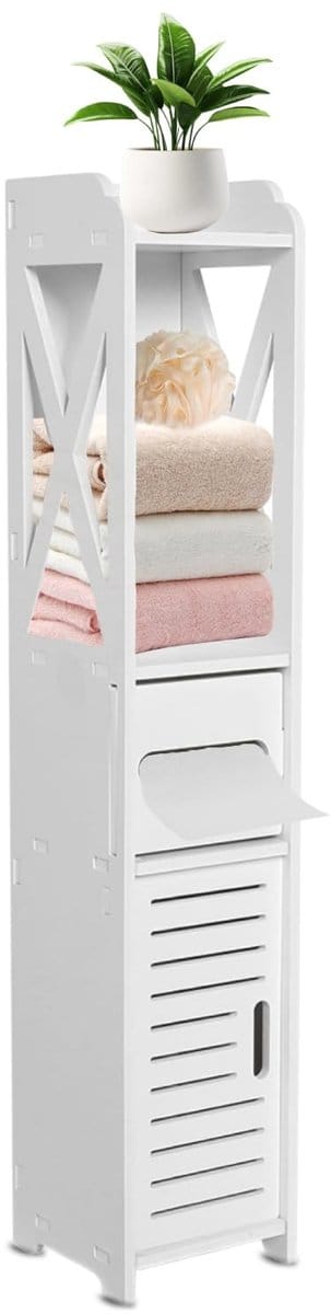 NTH products- Badkamerkast hoge kast - Badkamerkast met wc-papierhouder - Opbergkast met deuren - 1 lade - 1 open vak - Antiek witte afwerking 80 x 15,5 x 15 cm