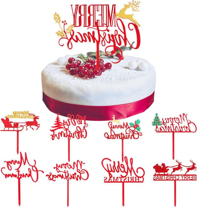 9-delig kersttaart decoratieset met acryl kersttopper, verschillende patronen en cake sticks voor feestelijke kersttaart decoratie en kerstfeest.