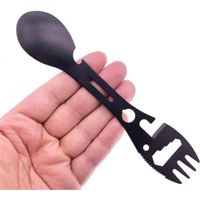 Multifunctioneel Kampeer Vork Lepel Kookgerei, Draagbare Moersleutel Flesopener 2-in-1 Buiten Picknick Reis Artefact zwart
