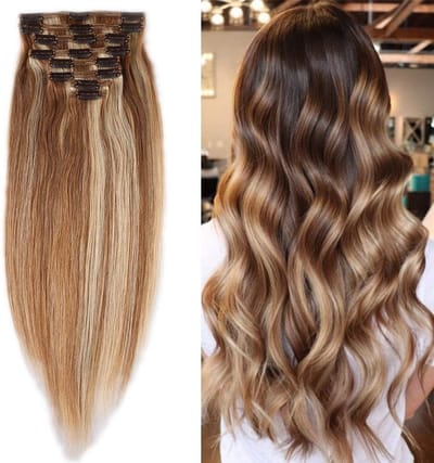 Clip-In Echte Haar Extensions, Dubbele Weft, 100% Remy Haar voor Volle Hoofd, 25 cm (110 g), Wit Bruin/Licht Blond #12p613-1, Haarverlenging en Styling