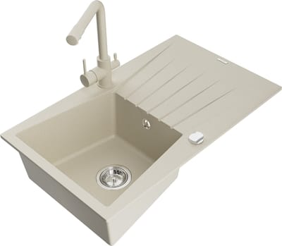 Mexen Cesar granieten gootsteen met 1 bak, afdruiprek en Duero keukenkraan, beige - 6514-69-671600-69