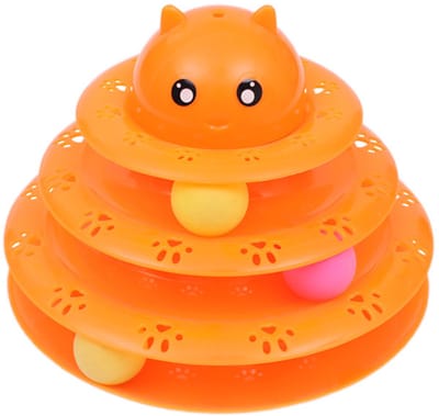 Daity Een interactief kattenspeelgoed met drie niveaus en een parcours, waarin drie ballen ronddraaien. Een leuk en duurzaam speeltje voor alle kattenrassen, perfect voor het vermaak van uw kat (oranje).