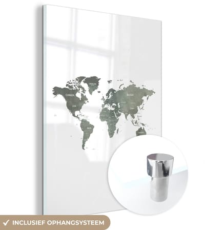 ® Glasschilderij 60x80 cm - Schilderij acrylglas - Wereldkaart - Groen - Landen - Foto op glas - Muurdecoratie woonkamer - Wanddecoratie slaapkamer - Schilderijen