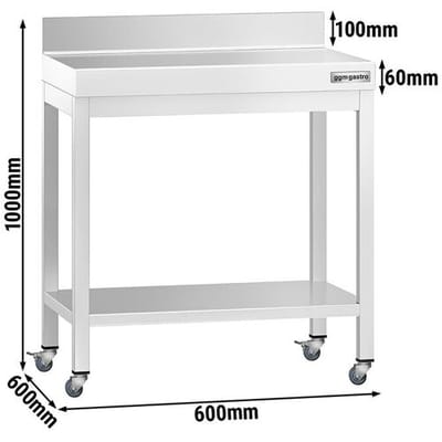 GGM Gastro Edelstahl Arbeitstisch PREMIUM - 600x600mm - mit Grundboden, Aufkantung & Rollen