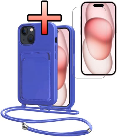 Hoes Geschikt voor iPhone 15 Plus Hoesje Pasjeshouder Cover Met Koord Case Siliconen Hoes Met Telefoonkoord en Kaarthouder Met Screenprotector - Felblauw