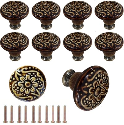 10x Kastknop met Bruine Bloem - Meubelknoppen Keramiek Rond - Vintage/Antieke handgreep voor deur en lade