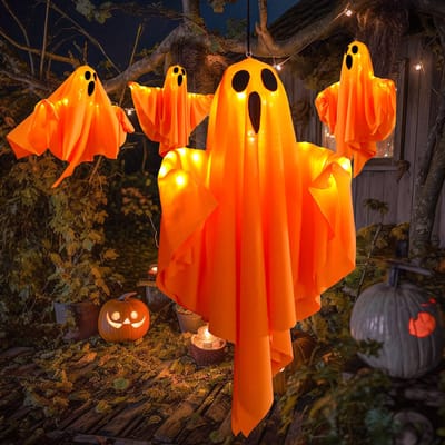 Rosnek 1 stuk Halloween Hangende Spook met Licht - Verlichting op batterijen - 3 Lichtmodi - 50cm x 40cm - Halloween Decoratie voor Buiten Tuin Portiek - Oranje
