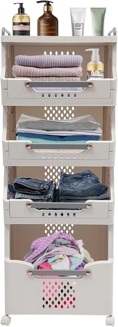 Wasmand met wieltjes - Wassorteerder opbergbox - Ruimtebesparend sorteren - Vier praktische niveaus - 110 cm hoog - Wit grijs