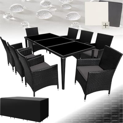 tectake® Wicker Tuinset - Aluminium Frame - 8 Stoelen met Tuintafel met Glazen Blad - Inclusief 2 Hoezensets en Beschermhoes - Weerbestendig Balkonmeubilair - Zwart