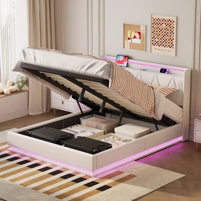 Tweepersoonsbed 160x200 cm – Wit Fluweel – Gasveer Opbergbed – LED Verlichting Hoofdbord– USB Oplaadpunt – Modern Design