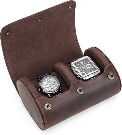 Elegante Horlogeopbergdoos van Echt Leer met 2 Slots en Beschermende Rolhoes voor Juwelen en Horloges - Bruin