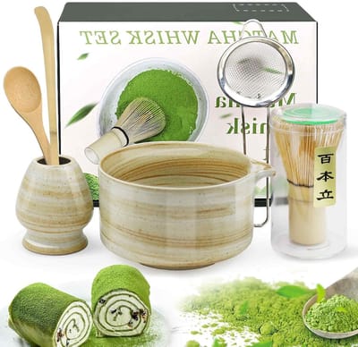 Complete Matcha Set met Keramische Matcha Kom, Bamboe Matcha Klopper, Houten Lepel en RVS Zeef voor Thuis en Kantoor Thee-ervaring