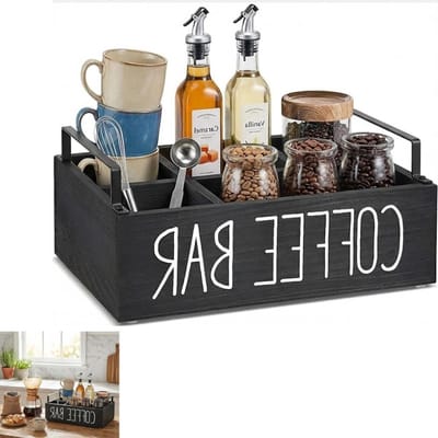 Opslagdoos voor koffie en thee met 3 compartimenten, ideaal voor thuis of op kantoor, zwart, 30 x 19.5 x 12 cm, multifunctionele opbergoplossing