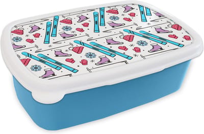 Broodtrommel Blauw - Lunchbox - Brooddoos - Wintersport - Patronen - Schaatsen - 18x12x6 cm - Kinderen - Jongen