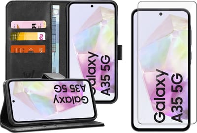 Hoesje geschikt voor Samsung Galaxy A35 - Screenprotector Glas - Portemonnee Book Case Zwart