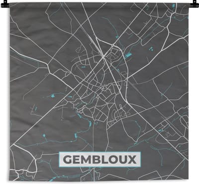 Wandkleed - Wanddoek - België – Gembloux – Stadskaart – Kaart – Blauw – Plattegrond - 180x180 cm - Wandtapijt