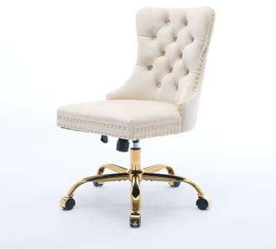 Stoel 64x49x91-98cm Thuisbureau Stoel Beige Fluweel Verstelbare Draaistoel Met Gouden Metaalbasis Tufted Knopen Voor Thuis Kantoor