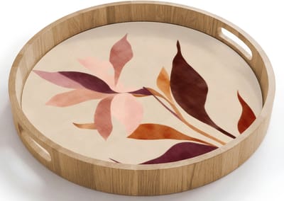 Dienblad rond 40x40 cm - Schootdienblad hout - Bloemen - Blaadjes - Minimalistisch - Roze - Borrelplank rechthoek - Plateau houten dienbladen