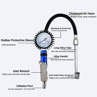 Dailygoods- Bandenpomp met manometer - Bandenpomp 12 bar - Bandenspanningsmeter voor auto - Snelle luchtconnector - Zelfklemmende kop - Wijzerplaat 55 mm