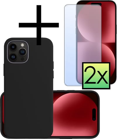 Hoesje - Met 2x Screenprotector - Geschikt voor Apple iPhone 15 Pro - Sterk & Shockproof - Back Cover - Siliconen Case - Telefoon Hoes - Zwart