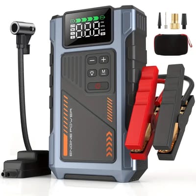 PolkaHome® 7-in-1 Jumpstarter Auto 12000mAh Powerbank met Compressor – 6000A Accu Starter voor Auto, Camper & Motor (7.5L Benzine/6L Diesel) – 12V Starthulp, Startbooster, LCD Display, LED Zaklamp, Jump Starters met Bandenpomp