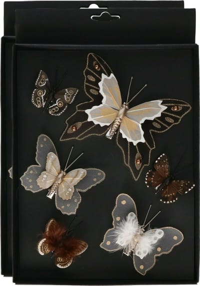 Othmar Decorations vlinders op clip - 12x - bruin tinten - 5-8 cm - kunststof -kerstversiering