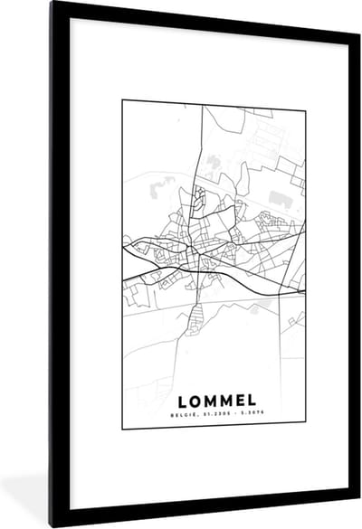 Fotolijst incl. Poster Zwart Wit- België – Lommel – Stadskaart – Kaart – Zwart Wit – Plattegrond - 80x120 cm - Posterlijst