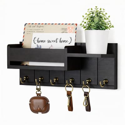 Sleutelrek Wand met Posthouder en Plank – Houten Sleutelhouder met 6 Haken – Wandrek voor Sleutels en Post – Hal Organizer – Zwart