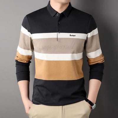 Heren Herfst Gestreept Revers POLO Shirt Heren Nieuw Heren Lange Mouw Kleurcontrast Casual Los T-shirt Top 3XL white
