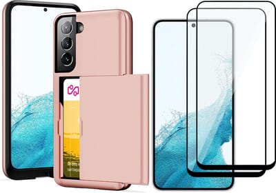 Hoesje met Pasjeshouder geschikt voor Samsung Galaxy S22 - 2x Screen Protector FullGuard - Back Cover SlideCase Roségoud & Screenprotector