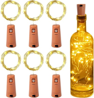 LED Flesverlichting met Batterij - 2M 20LED Kurk Licht, Koperen Draad String Lights voor DIY Decoratie en Kerstfeest (6 Stuks, Warm Wit)