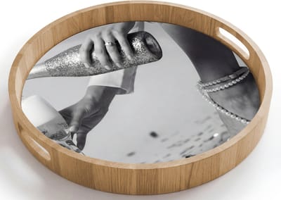 Dienblad rond 40x40 cm - Schootdienblad hout - Feestelijk - Champagne - Discobal - Borrelplank rechthoek - Plateau houten dienbladen