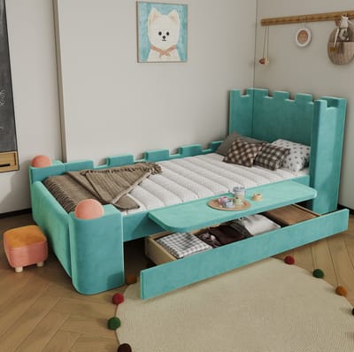 MIVRAY Kinderbed 90x200 cm Zonder Matras - Gestoffeerd Bed Met Klapbare Zijplank En Opberglade - Kasteelontwerp - Stof - Blauwgroen